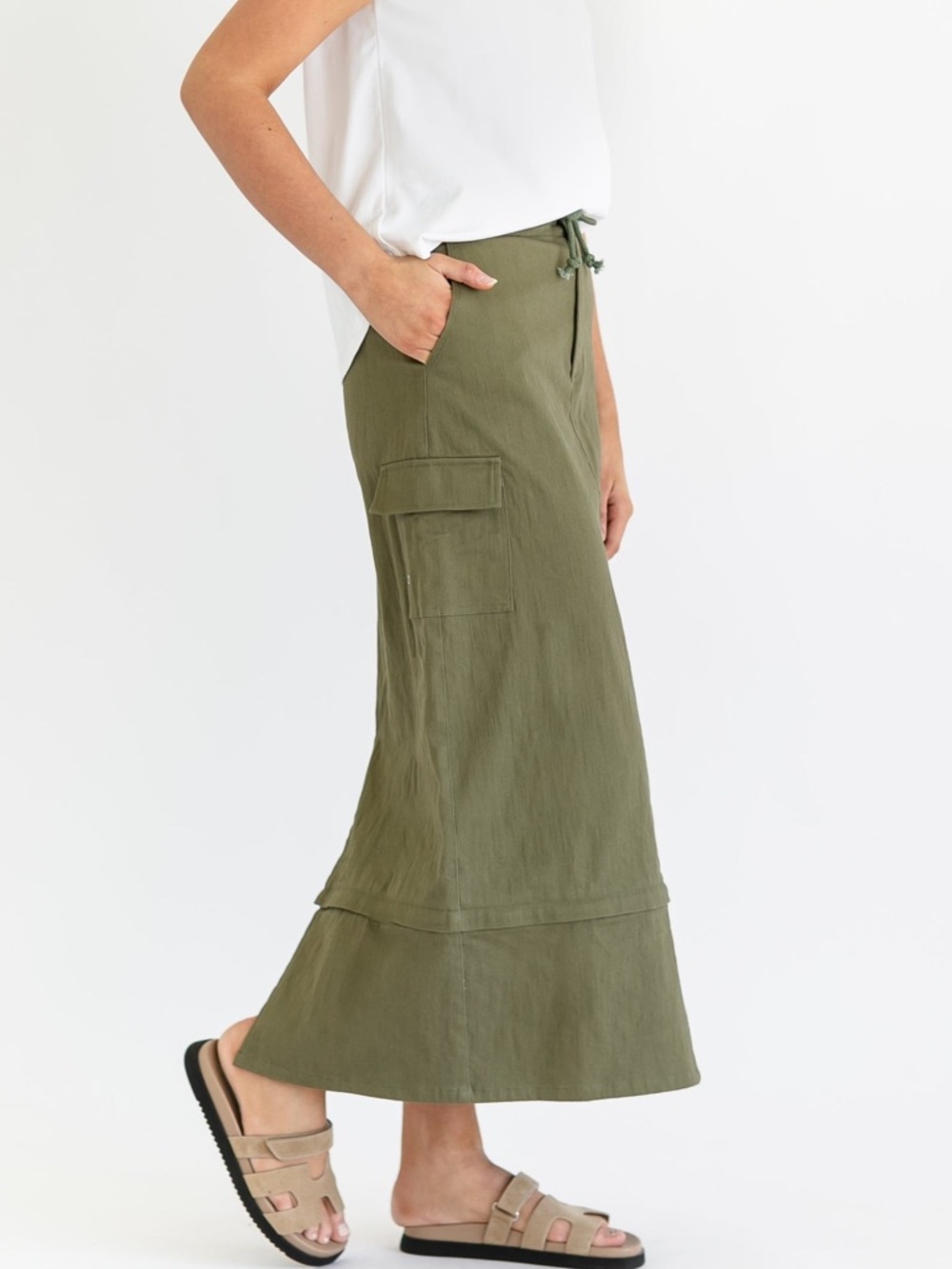 Inherit Zarina Cargo Midi Convertible Maxi Skirt Straight Fit Olive Green Modest - Picture 6 of 14